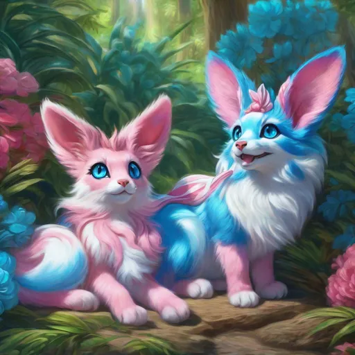 Prompt: (blue Sylveon), realistic, photograph, fantasy, epic oil painting, (hyper real), furry, (hyper detailed), extremely beautiful, (on back), playful, UHD, studio lighting, best quality, professional, ray tracing, 8k eyes, 8k, highly detailed, highly detailed fur, hyper realistic thick fur, canine quadruped, (high quality fur), fluffy, fuzzy, full body shot, hyper detailed eyes, perfect composition, hyper realistic depth, ray tracing, vector art, masterpiece, trending, instagram, artstation, deviantart, best art, best photograph, unreal engine, high octane, cute, adorable smile, lying on back, flipped on back, lazy, peaceful, (highly detailed background), vivid, vibrant, intricate facial detail, incredibly sharp detailed eyes, incredibly realistic scarlet fur, concept art, anne stokes, yuino chiri, character reveal, extremely detailed fur, sapphire sky, complementary colors, golden ratio, rich shading, vivid colors, high saturation colors, nintendo, pokemon, silver light beams