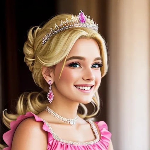 Prompt:  princess wearing pink, radiant smile, wearing a tiara, blonde hair, hair in an updo, facial closeup