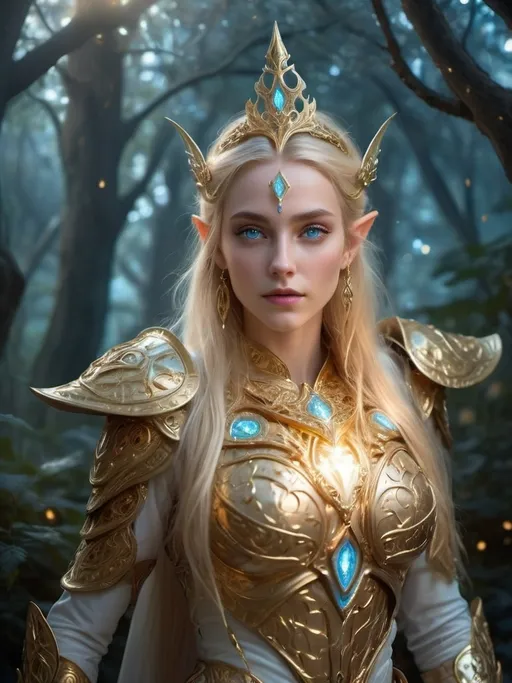 Prompt: (High Elf Priestess), female, young and beautiful, blonde hair, sky blue eyes, ethereal beauty exuding divinity, golden plate armor intricate with celestial patterns, ornate golden jewelry, long flowing hair, surrounded by a soft, glowing aura, serene expression, enchanted forest background with soaring trees and sparkling lights, warm and mystical ambiance, cinematic lighting, ultra-detailed, captivating and otherworldly atmosphere.