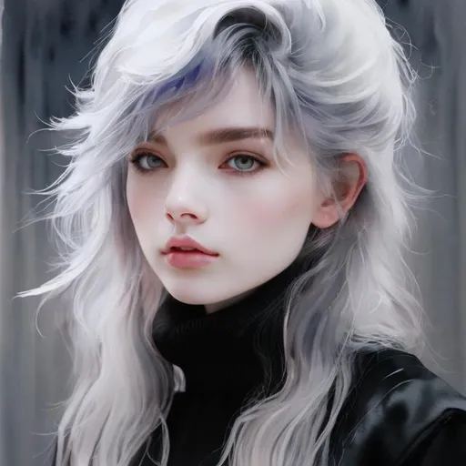 Prompt: very messy hair, a Watercolor portrait of a cute calm
 female halfling with very pale skin and ((very messy black hair with a white strand in the bangs)), ((grey eyes)), necromancer, Sorcerer, pastel colors, dreamy, ((black robes)) with only (black) turtle neck vest showing shoulders, by Ilya Kuvshinov and Alphonse Mucha, white lily flowers, pastel colors, dreamy, in a dynamic pose, soft light, in watercolor style, circle frame, masterpiece, high definition, 