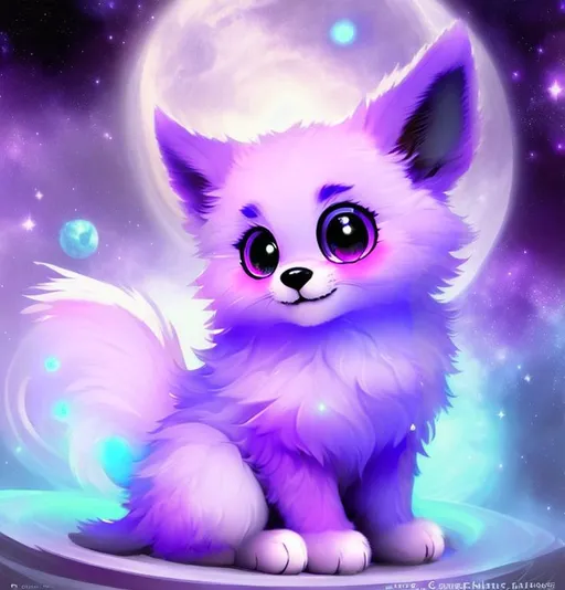 Prompt: Cute, purple, fluffy, fantasy space puppy, with starry, purple eyes, purple fur, and possessing the element of space and making circles of stars
 move around in the air in a magical way, in a space background. Perfect features, extremely detailed, realistic. Krenz Cushart + loish +gaston bussiere +craig mullins, j. c. leyendecker +Artgerm.