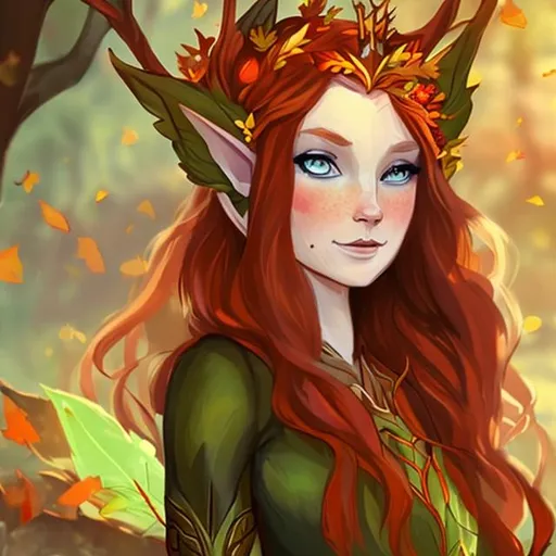 Prompt:  autumn eladrin with red hair and a leaf crown and elven ears