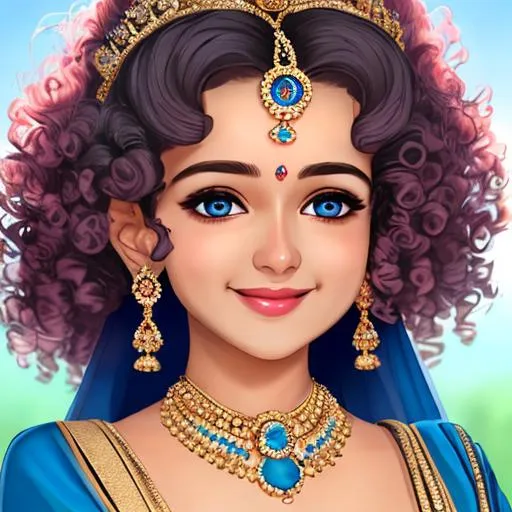 Prompt: Zoomed face, 4K, full hd, crown, smoothy soft skin girl, sky blue eyes, baby pink lips, gorgeous, curly hair, black saree, smiling