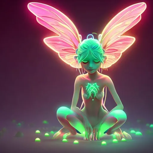 Prompt: Create an image of a fantasy creature called: Melodious Pixies.

Description: Tiny winged pixie creatures with luminescent bodies, neon wings and soothing melodies.