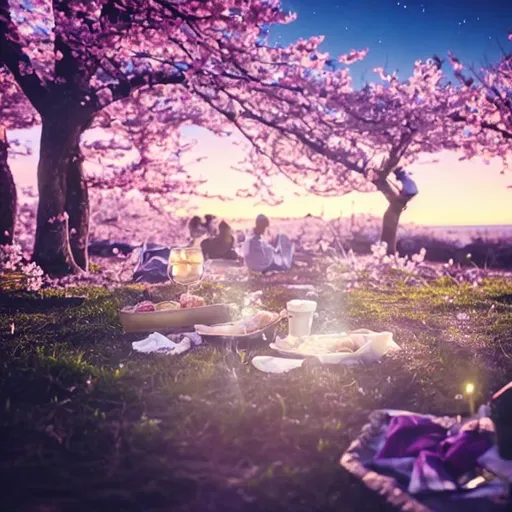 Prompt: Picnic food in cherry blossom forest near the ocean above the northern lights