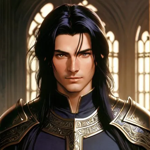 Prompt: Diablo. Portrait of Gilthien. Castle city background. He is ethereal. He has fair skin. His hair is black. His eyes are golden and his hair is short. He is cleanshaven. Wears dark armor, with silver accents. He has a shining silver halo. Dark room. Low light., Greg Rutkowski, John William Waterhouse, Alphonse Mucha. (vibrant colors:4), full hd, high quality, 4k, trending on artstation, oil painting, symmetrical, intricate, highly detailed, cell shaded
