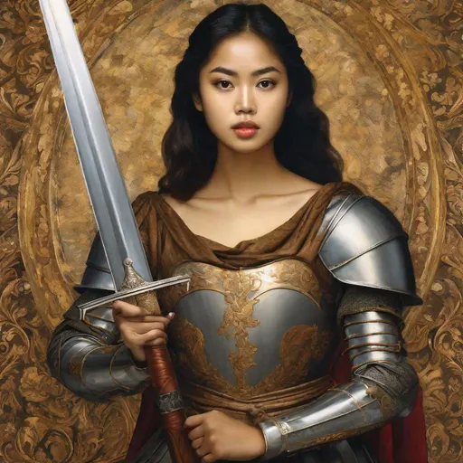 Prompt: half body, pretty young Indonesian woman, 25 year old, (round face, high cheekbones, almond-shaped brown eyes, small delicate nose), dressed as a knight, holding a sword, active pose, renaissance, masculine, character, pre-raphaelite, masterpiece, intricate detail, backdrop medieval battle