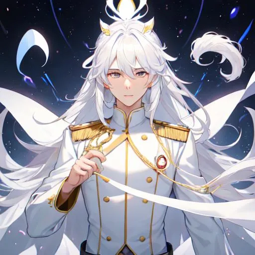 Prompt: buetiful man with a white uniform and whithe hairs a cicatrice and a magic orbe((really sexy))