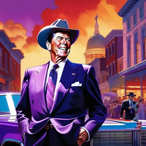 Prompt: Ronald Reagan in Saints Row, guns, cartoony, purple atmosphere, extremely detailed painting by Greg Rutkowski and by Henry Justice Ford and by Steve Henderson