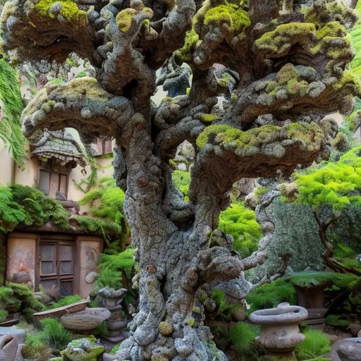 Prompt: Lichens tree 4k pot courtyard wabi sabi organic curve architecture