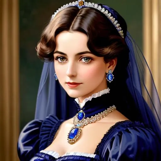 Prompt: Wealthy, stylish lady of the Victorian era, wearing sapphire jewelry, facial closeup