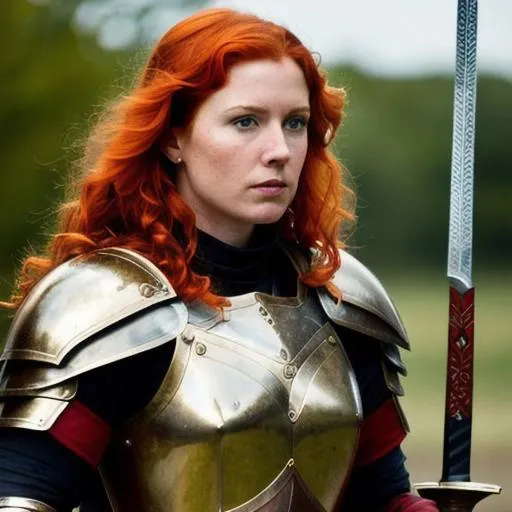 Prompt: a red haired woman in bronze fancy armor with a sword