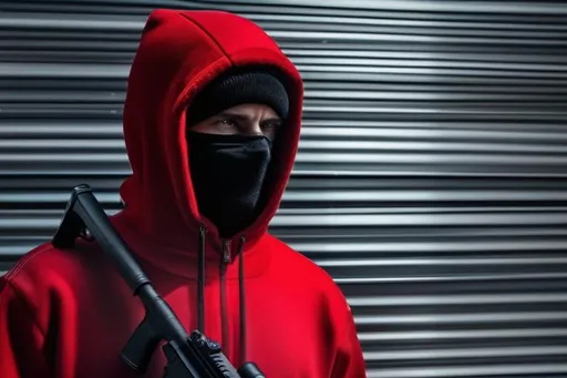 Prompt: A man wearing a red sweatshirt with black stripes and a black balaclava, with a sniper rifle, Hyperrealistic, sharp focus, Professional, UHD, HDR, 8K, Render, electronic, dramatic, vivid, pressure, stress, nervous vibe, loud, tension, traumatic, dark, cataclysmic, violent, fighting, Epic