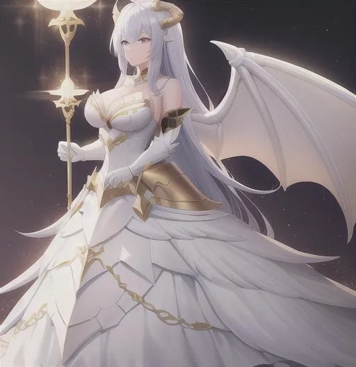 Prompt: White and gold, dragon knight, wings, large dragon tail, armor, woman, dress, large horns