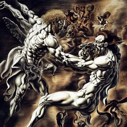 Prompt: The fight between good and evil. An epic battle. Angels, deamons, muscles. Leonardo DaVinci meets Salvador dali. Fine lines, ultra detail, masterpiece, bright light, alternate reality