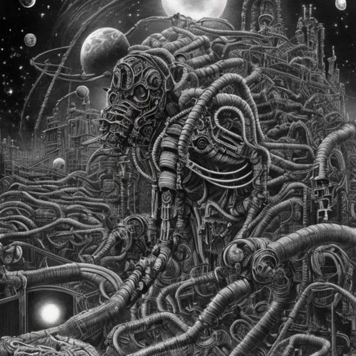 Prompt: Dark space city, dark, black and white, Manga, space, Junji Ito, cosmic horror, disturbing, biomechanical