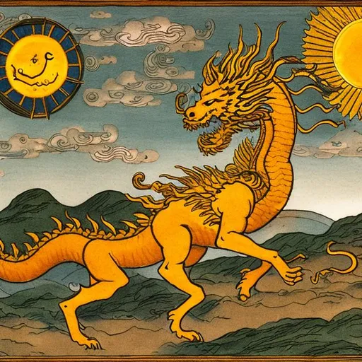 Prompt: a sun dragon pulling helios's chariot