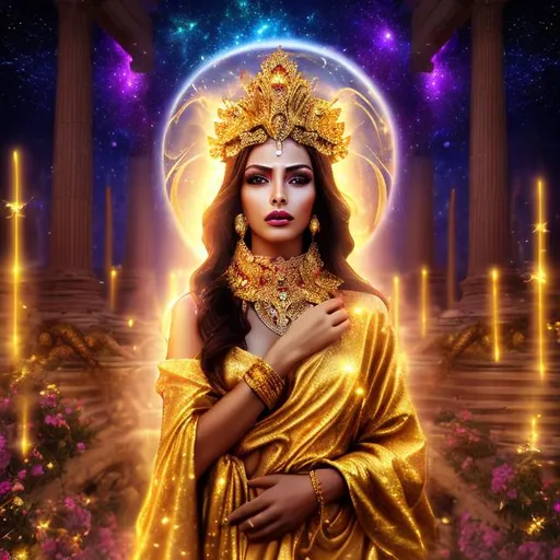 Prompt: HD 4k 3D 8k professional modeling photo hyper realistic beautiful leader woman ethereal greek goddess of falling stars
gold hair hazel eyes gorgeous face brown skin shimmering gold robes with gems jewelry and star tiara full body surrounded by magical glowing divine starlight hd landscape background falling stars in a temple