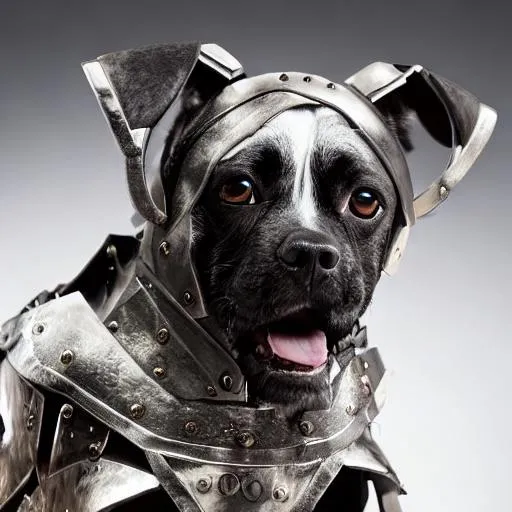 Prompt: photo of dog wearing armor, hope, studio lighting, highly detailed, smooth, sharp focus