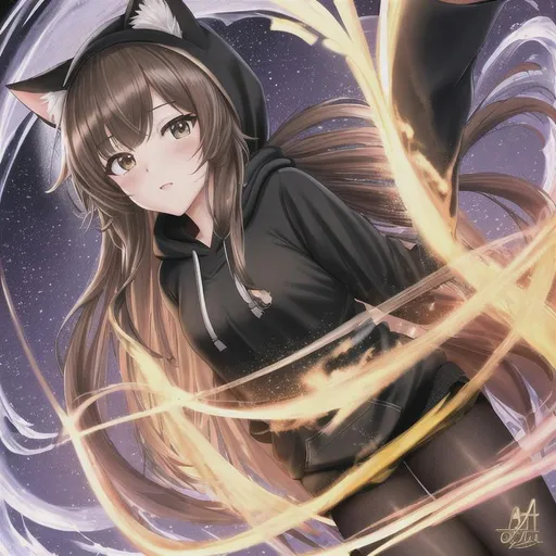 Prompt: oil painting, UHD, hd , 8k,  anime, hyper realism, Very detailed, zoomed out view, clear visible face, full character in view, clear visible face, cat girl character with long brown hair, wears a black hoodie with leggings
