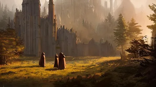 Prompt: fantasy concept art by greg rutkowski OF A CISTERCIAN MONASTERY DESIGNED BY JOHN PAWSON IN A SCOTTISH FOREST, gestural oil painting style, backlit, cinematographic morning light, artstation hq, 