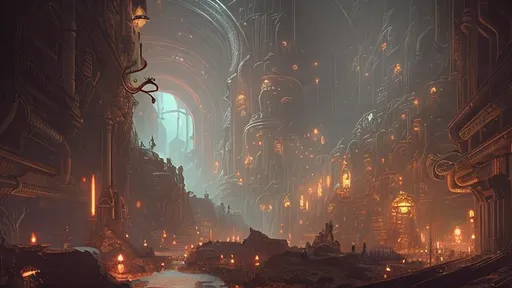 Prompt: extreme long shot concept art depicted art deco dwarven fantasy subterranean town, art deco, subterranean city, caverns, light fantasy, dieselpunk, dark ambiance, art by Cédric Peyravernay and Robert Mallet-Stevens