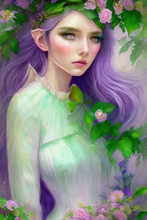 Prompt: 1girl, portrait, watercolor masterpiece,

realistic illustration of Female fantasy elf druid, in a vintage lavender and light mint green dress, green flowers in her purple hair, in a forest by the moonlight, symmetrical,

hyper realistic masterpiece, highly contrast water color pastel mix, sharp focus, digital painting, pastel mix art, digital art, clean art, professional, contrast color, contrast, colorful, rich deep color, studio lighting, dynamic light, deliberate, concept art, highly contrast light, strong back light, hyper detailed, super detailed, render, CGI winning award, hyper realistic, ultra realistic, UHD, HDR, 64K, RPG, inspired by wlop, UHD render, HDR render