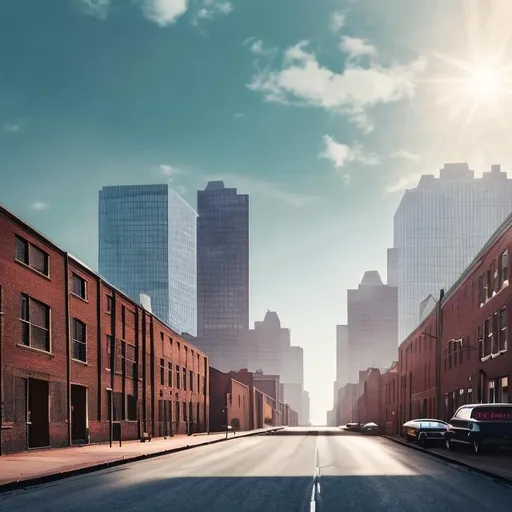 Prompt: 1970s tall brick buildings black road 1970s cars Light blue sky nice weather city background realistic high quality 4k