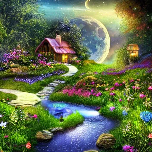 Prompt: Realistic, moon, flowers, nighttime, fairy cottage,  bubbling stream,  8k, has beautiful fairy laying on the meadow, beautiful fantasy landscape, realistic and natural, cosmic sky, detailed full-color, 