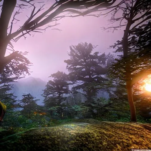 Prompt: Hyper realistic image of forest valley, anime, dusk,p, misty forest setting, mountains in back ground, ominous feel, summer,  hidden caves, mystical feel, 8k, hyper realistic, unreal engine 5 