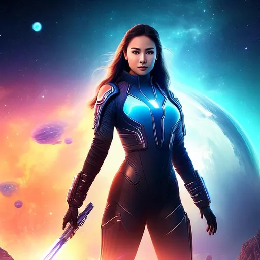Prompt: create photograph of beautiful female space agent who is wearing bright blue futuristic ninja robes,  night time and beautiful sky  space and planets an nebulae in sky highly detailed, detailed face, extremely detailed environment, extremely detailed background, extremely detailed skin, extremely detailed clothing, natural colors , professionally color graded, photorealism, 8k, realistic, moody lighting, galactic environment, volumetric lighting