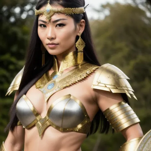 Prompt: An ultra-photorealistic, extremely detailed, 8k quality image. Beautiful warrior woman. Asian-Eqyptian mix.  Slender, gorgeous.  Smooth, radiant skin. Professional photograph quality.  Fancy, extremely intricate armor.