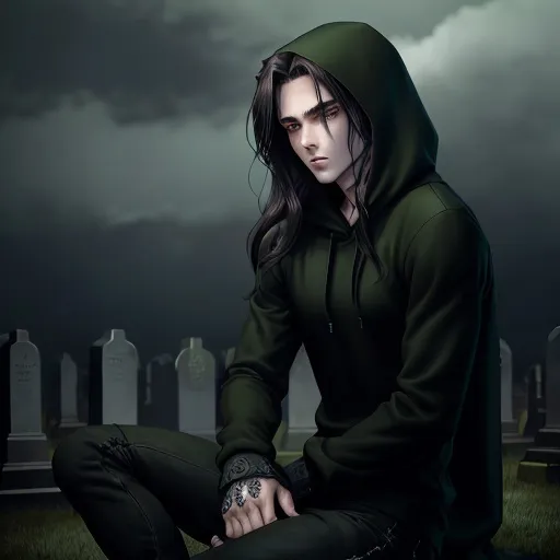 Prompt: Anime illustration of a man with long dark brown hair, piercing green eyes, wearing a black hoodie and skinny jeans, sitting in a cemetery, gothic anime style, detailed facial features, realistic anime, moody lighting, dark and eerie atmosphere, detailed hair, somber mood, highres, detailed, anime, gothic, dark tones, atmospheric lighting