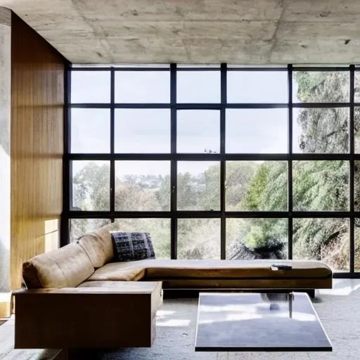 Prompt:  a brutalist architecture sitting room with lots of natural light.