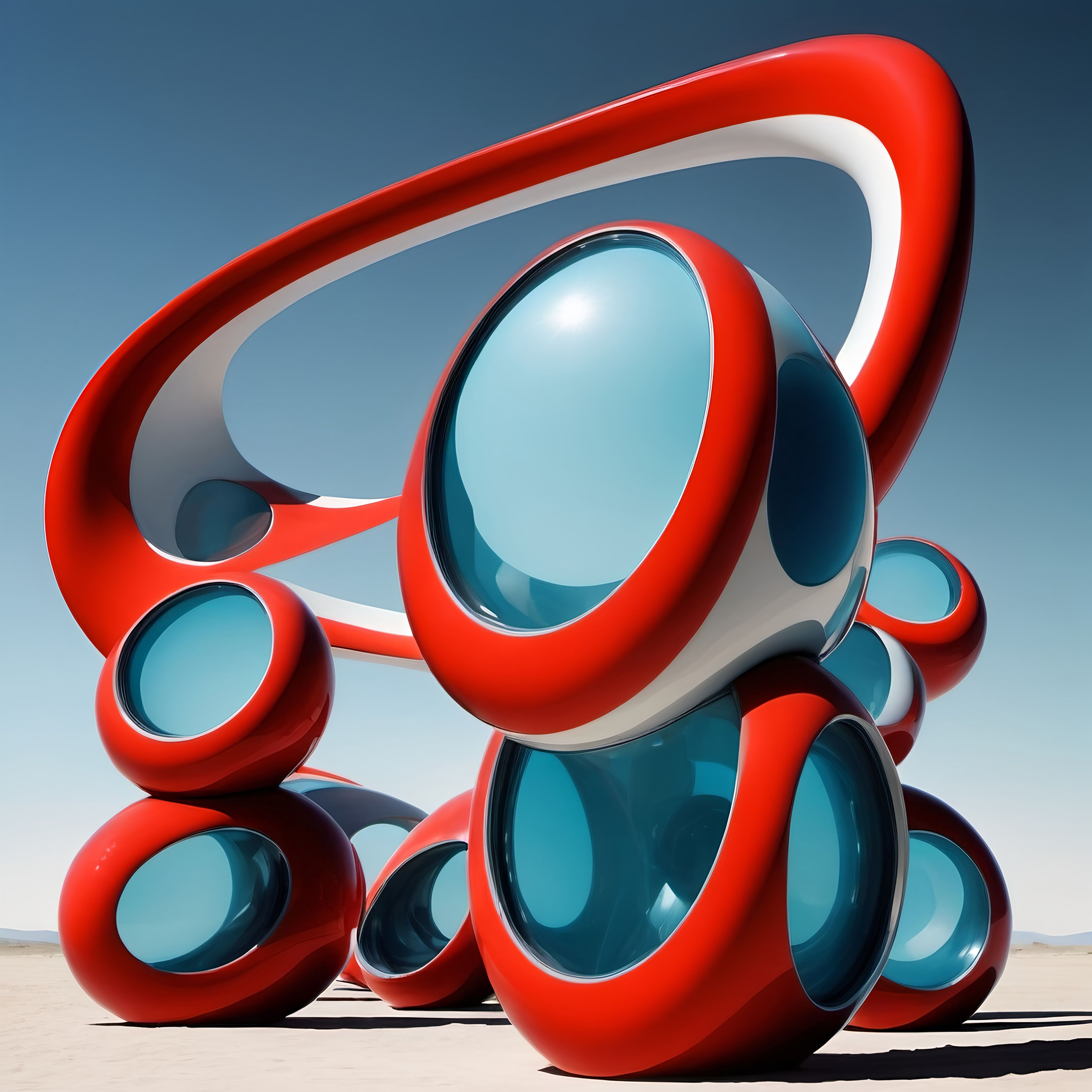 Prompt: a sculpture of red and white circles and bubbles on a sandy surface with a blue sky in the background, kinetic art