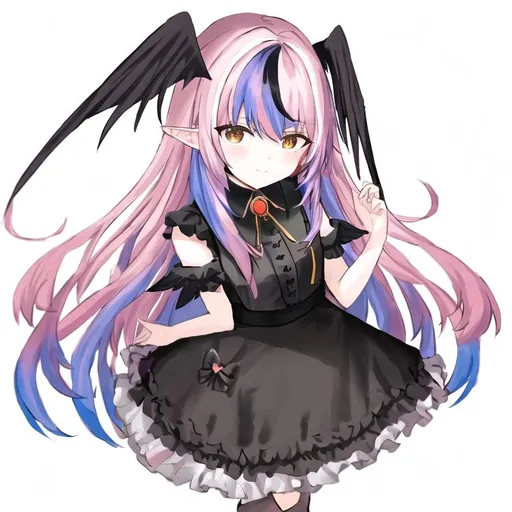 Prompt: Portrait of a cute winged girl with long, multicolored hair wearing a black dress 