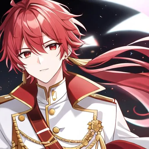 Prompt: Zerif male (Red half-shaved hair covering his right eye) 4k, wearing a royal uniform