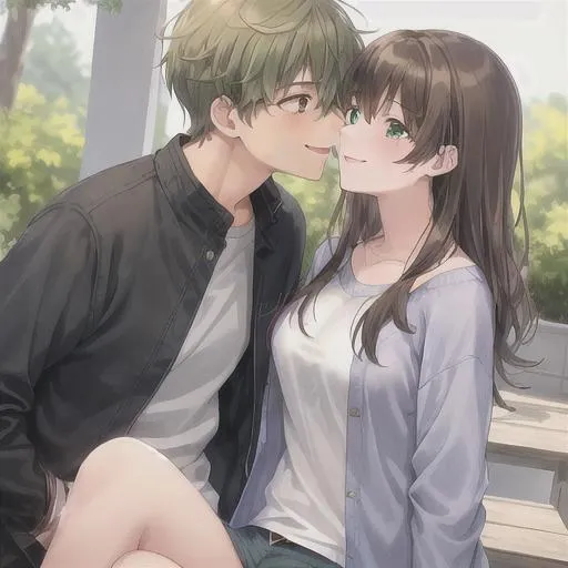 Cute couple together anime brown hair brown eyes kissing love