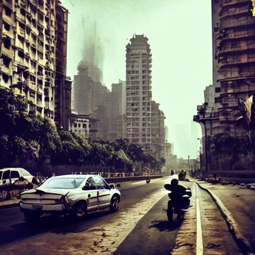 Prompt: Mumbai, futuristic, cityscape, infrastructure, transportation, people,, moody, evening, cinematic