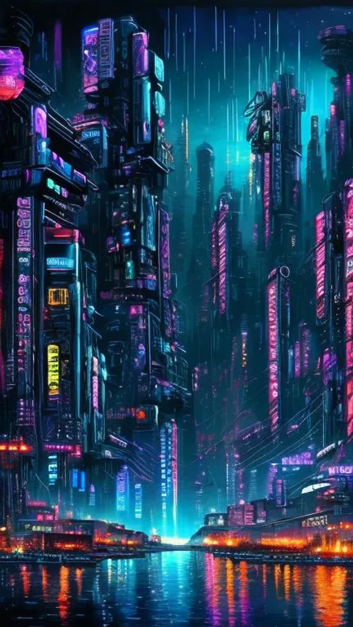 Prompt: Bob Ross painting of Cyberpunk city at night