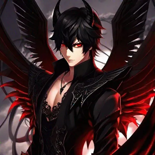 Prompt: Damien (male, short black hair, red eyes) a sadistic look on his face, demon form, black wings, horns
