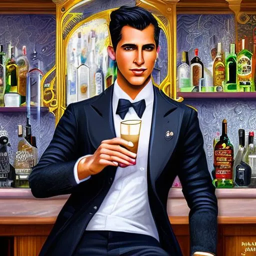 Prompt: Digital art, epic perspective a 1960’s inspired painting of a very good looking, handsome, GQ man with athletic build, clean cut face with longish emo style blonde hair wearing a tailored, black and white striped zoot suit seated at a bar drinking a martini, intricately detailed painting with mood lighting above and below the bar in the style of Jack Vettriano