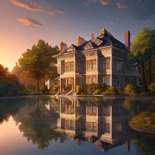 Prompt: Mansion with veranda. A small lake. A Northern European Forest. Sunset. perfect composition, hyper realistic, super detailed, 8k, high quality, trending art, trending on artstation, sharp focus, studio photo, intricate details, highly detailed