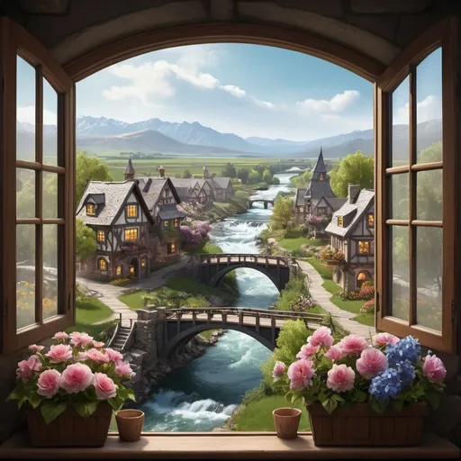 Prompt: Big town, blooming flowers in window boxes, bridge and rapids, orchard, window view, dramatic fantasy settlement scene, cinematic lighting