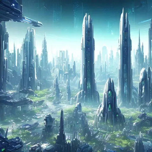 Prompt: Futuristic City White Tall Towers Lush Green Overgrown Plants Light Blue Sky High with many big white spaceships