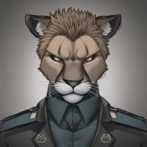 Prompt: Anthropomorphic male Mountain Lion with a seriously stern look and wearing a policeman's uniform, 4K resolution