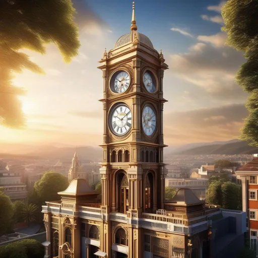 Prompt: Craft a mesmerizing image that captures the essence of an ultra-detailed aesthetic Clock Tower, nestled within a picturesque cityscape. The Clock Tower stands as a majestic symbol of time's passage, its every intricate detail meticulously preserved. Its facade boasts a harmonious blend of ornate architectural styles, adorned with delicate filigree, intricate carvings, and graceful spires that seem to reach for the sky. The clock's face is a masterpiece of precision, with gears, hands, and numerals crafted with exquisite artistry. Surrounding the tower, vibrant gardens and cobblestone paths add to the charm of the scene. As the sun sets, warm light spills from the tower's windows, casting enchanting patterns on the streets below. This image celebrates the intersection of intricate craftsmanship and timeless beauty. Ensure the best resolution of the image and high quality of the details.