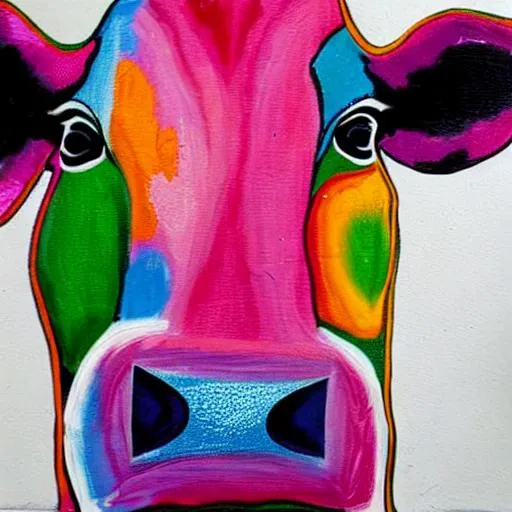 Prompt: A bright, vibrant, dynamic, spirited, vivid painting of a dairy cow with tie-dye pattern. 