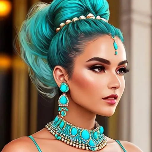 Prompt: An extremely gorgeous woman,  with top knots full of turquoise jewels