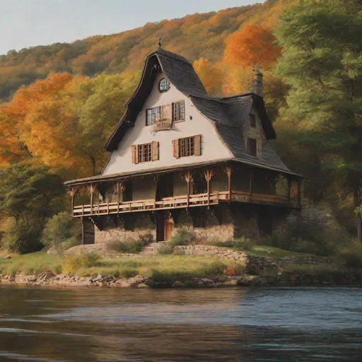 Prompt: an 18th-century colonial tavern {cottagecore}, medieval stone tower, pointed wooden roof, ((otherworldly)), Beautiful space, along a scenic river bank